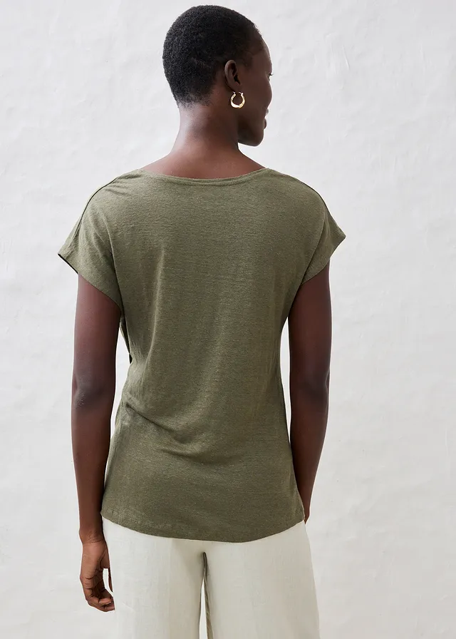 Wikkelshirt van puur linnen, Kleur: donkerolijfgroen
