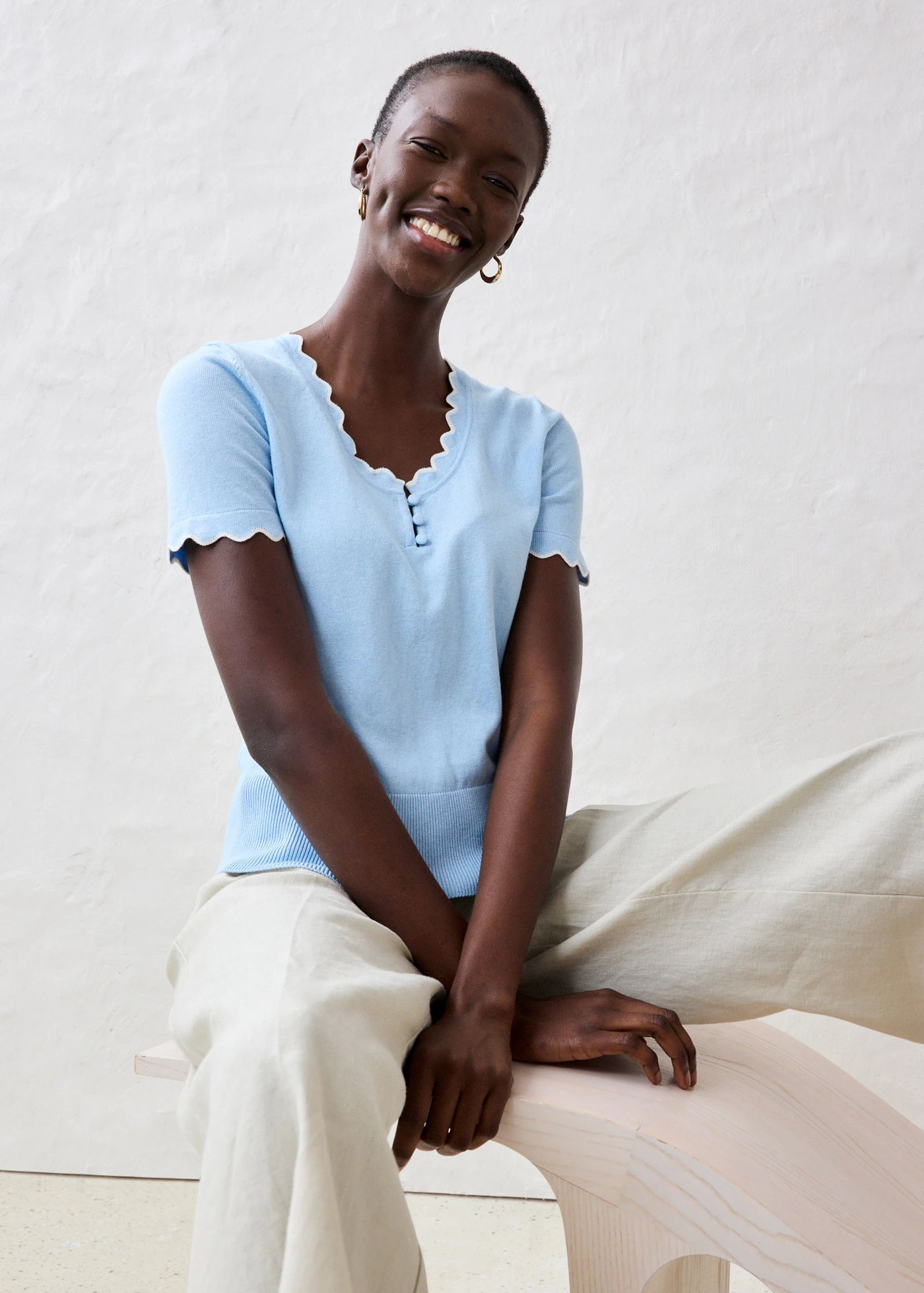 Fijn gebreide trui met zijde, 1/2 mouw • ijsblauw-wolwit • bonprix online shop