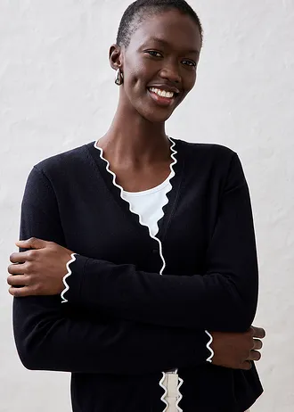 Sweter rozpinany z domieszką jedwabiu • czarny + biel wełny • sklep bonprix