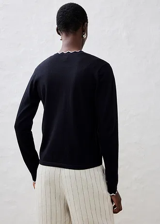 Sweter rozpinany z domieszką jedwabiu • czarny + biel wełny • sklep bonprix