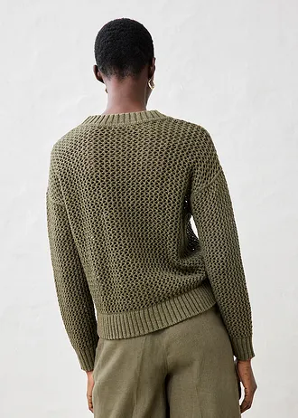 Sweter ażurowy z lekkiej mieszanki lnu • ciemny oliwkowy • sklep bonprix