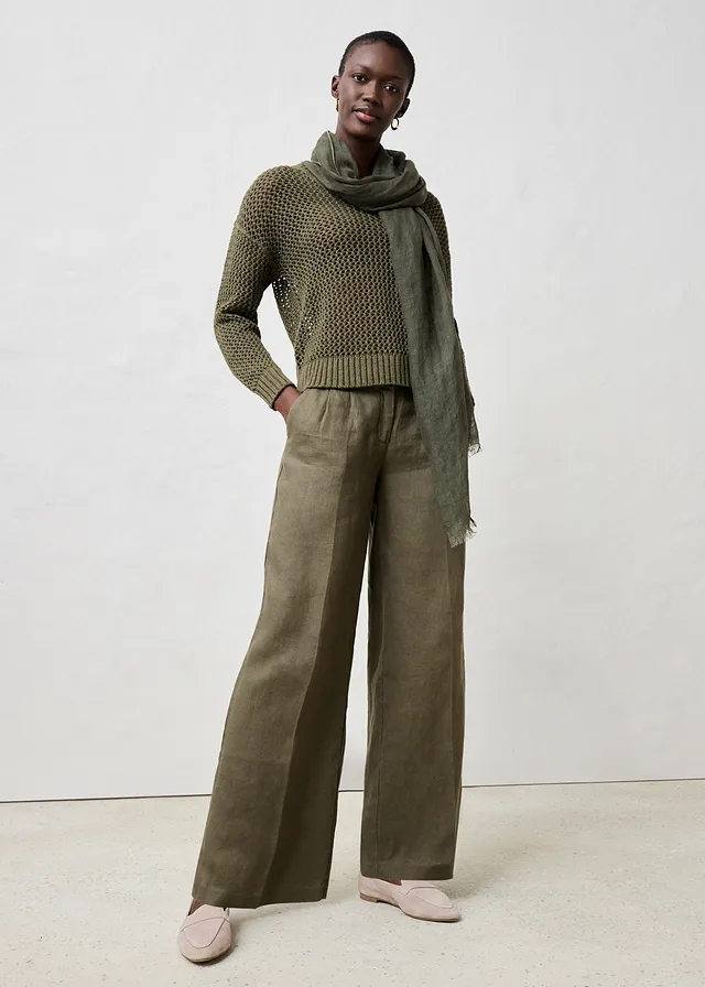 Pull ajouré en lin mélangé olive foncé