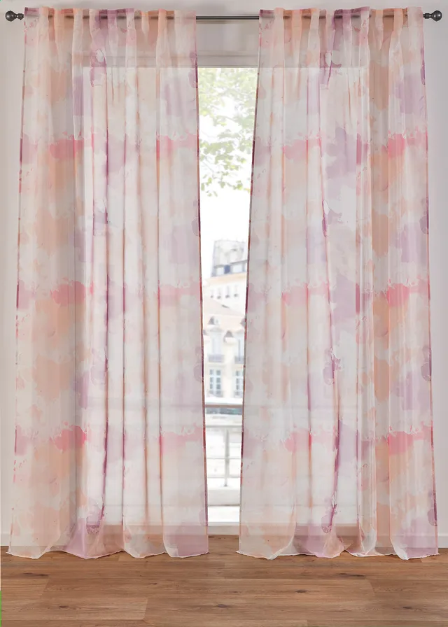 Gordijn met print (2 stuks), Kleur: lichtroze-lichtperzik-wit