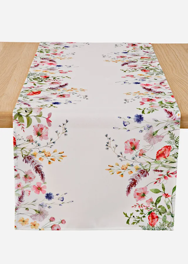 Tafelloper met bloemenprint, Kleur: meerkleurig wit
