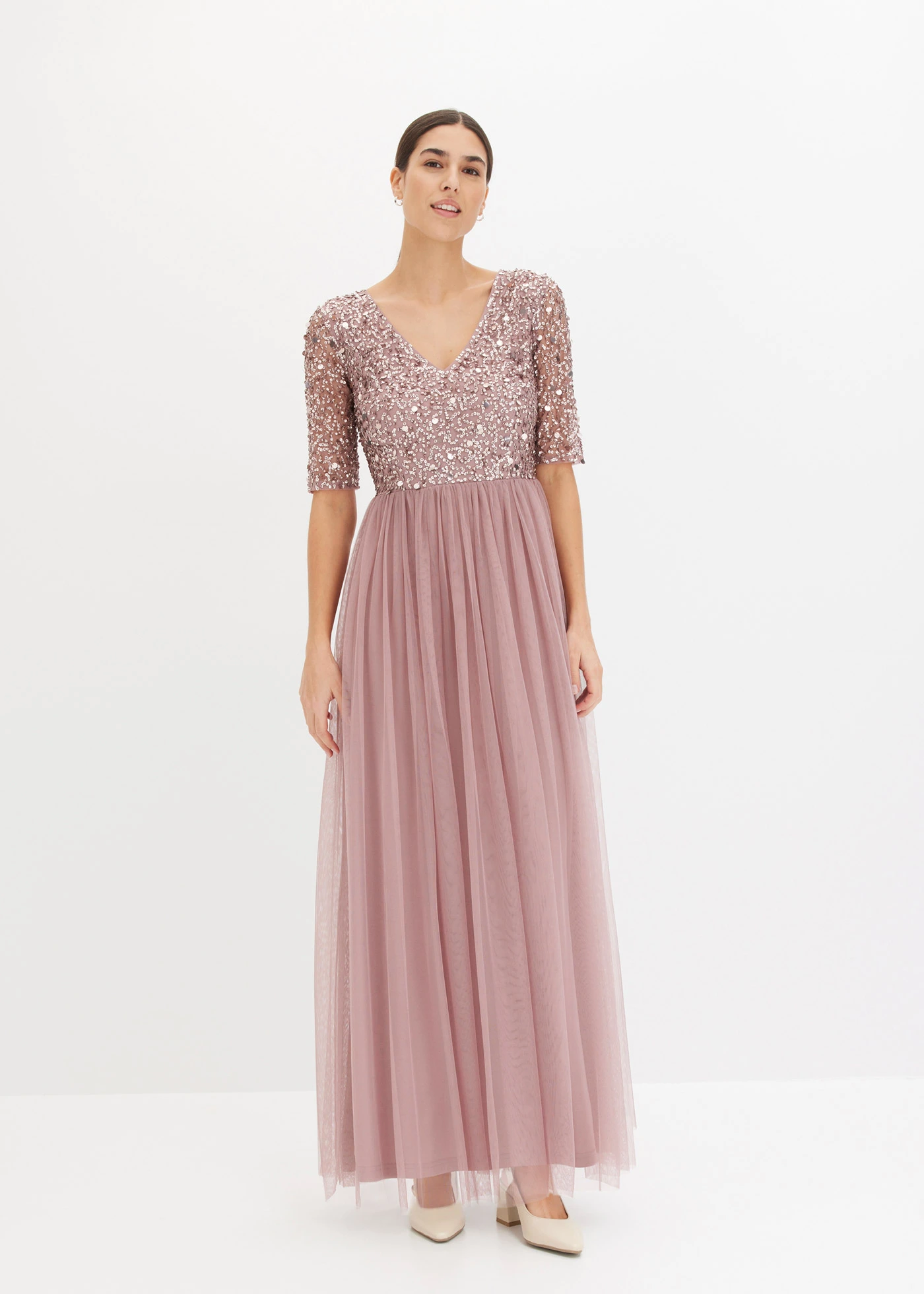 Robe longue avec haut brodé de sequins • bois de rose • Boutique bonprix