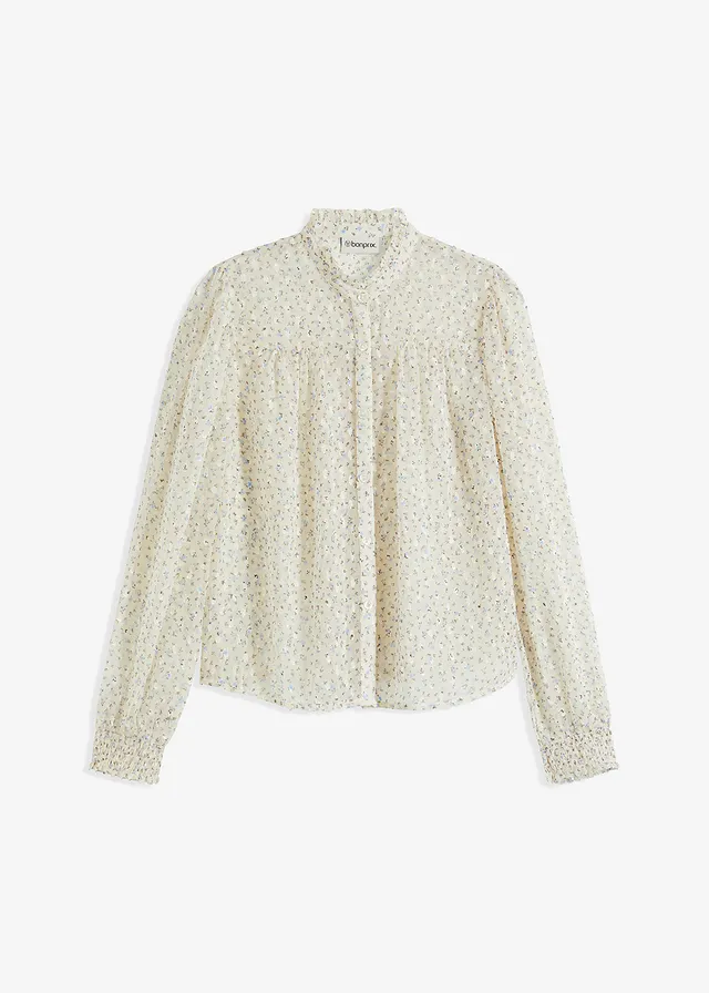 Blouse imprimée en crêpe avec volants • naturel-bleu clair • Boutique bonprix