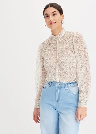 Bedrukte blouse met ruches, Kleur: ecru-lichtblauw
