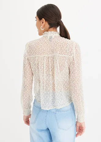 Blouse imprimée en crêpe avec volants • naturel-bleu clair • Boutique bonprix
