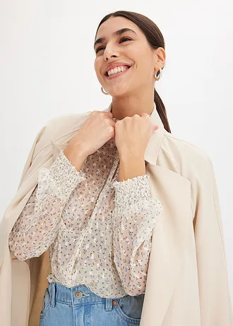 Bedrukte blouse met ruches • ecru-lichtblauw • bonprix online shop