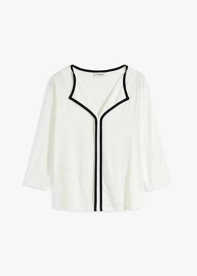 Bluzka z kontrastowymi lamówkami • biel wełny-czarny • sklep bonprix