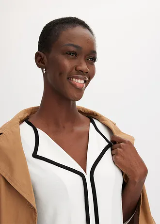 Bluzka z kontrastowymi lamówkami • biel wełny-czarny • sklep bonprix