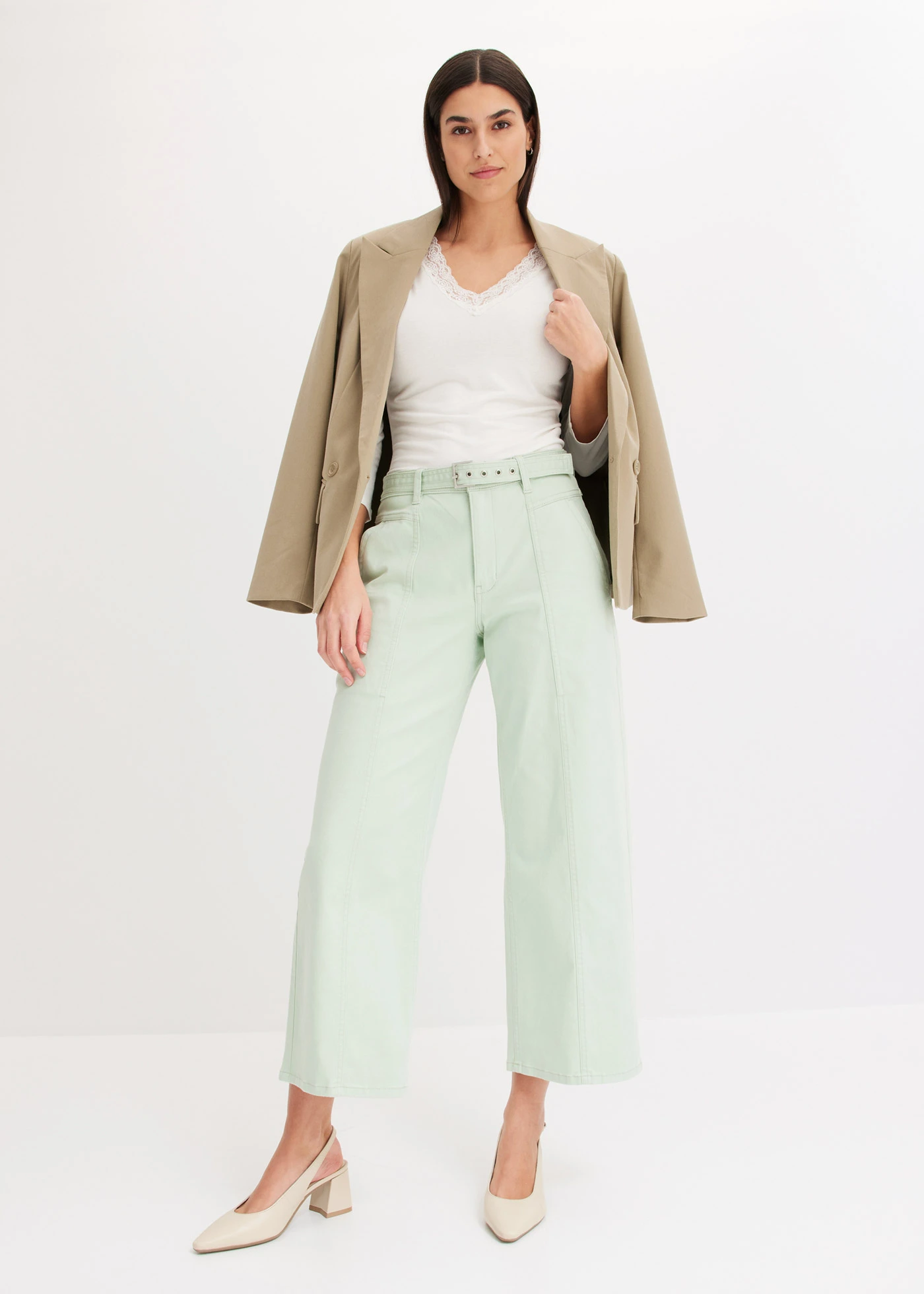 Stretch twill broek met riem • licht riet used • bonprix online shop