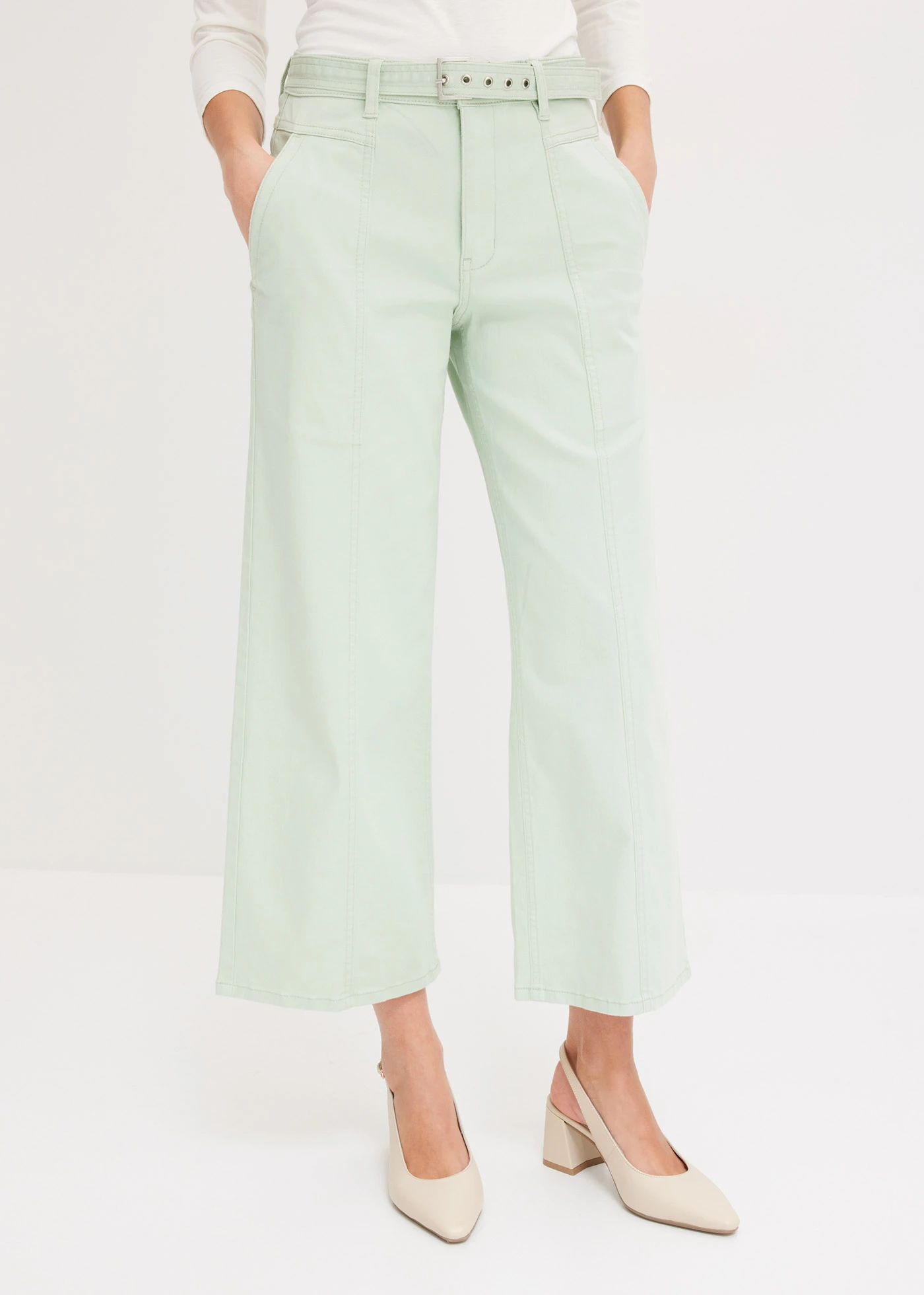 Stretch twill broek met riem • licht riet used • bonprix online shop