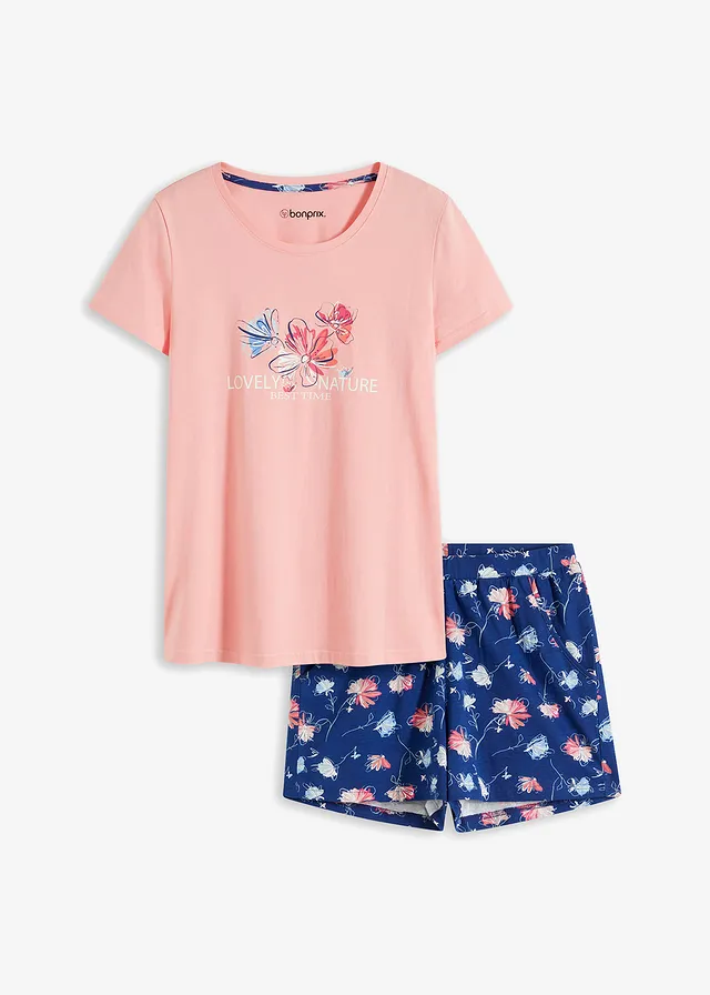 Pyjashort avec short plus long, Couleur: rose pâle-bleu marine floral