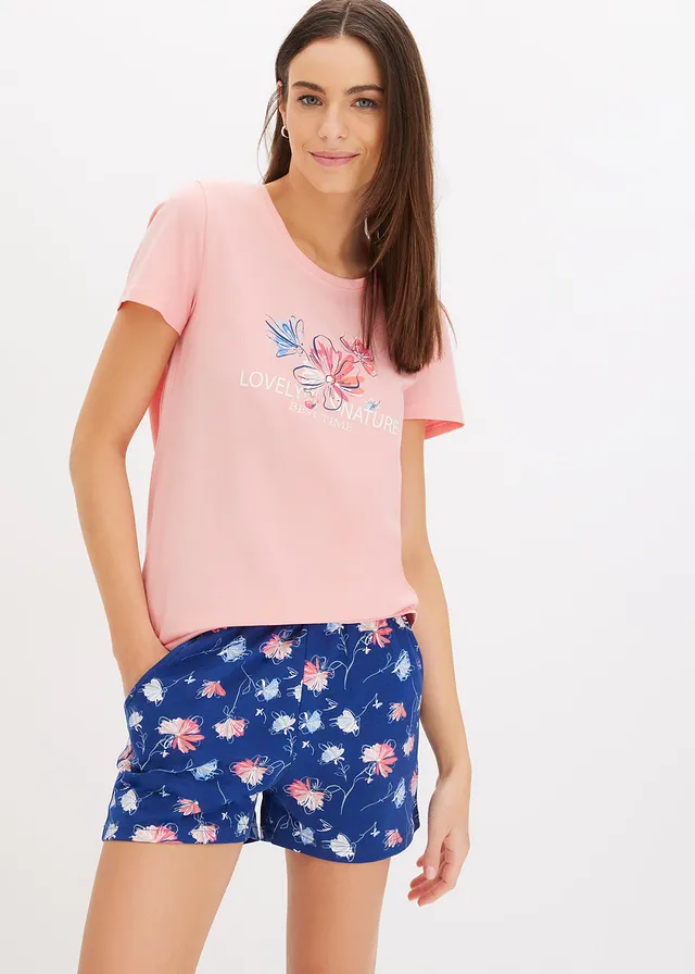 Pyjashort avec short plus long, Couleur: rose pâle-bleu marine floral