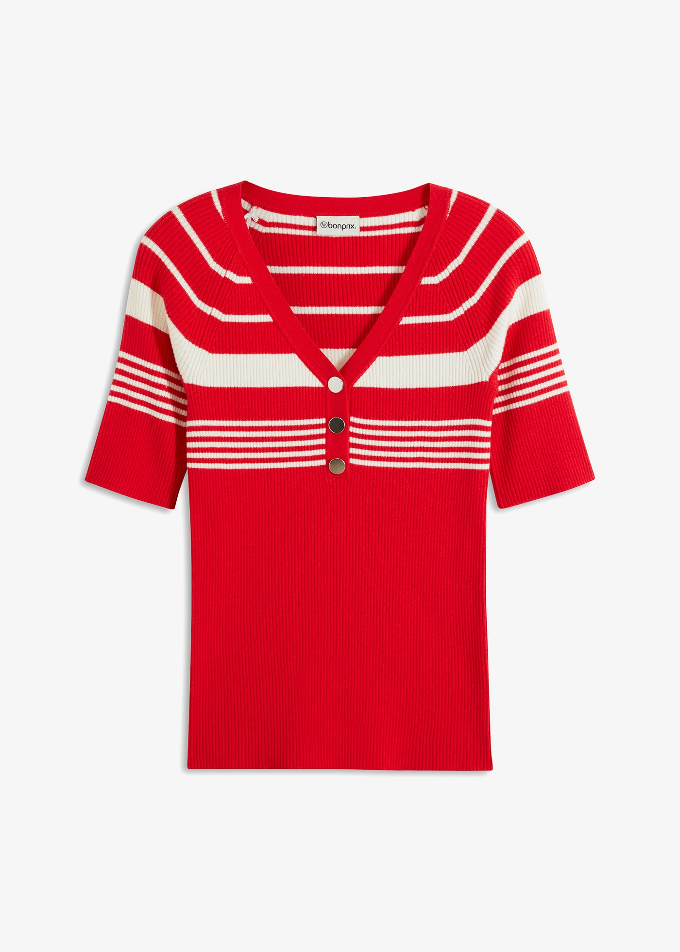 Fijn gebreide trui met sierknopen • aardbeirood-natuurbeige gestreept • bonprix online shop