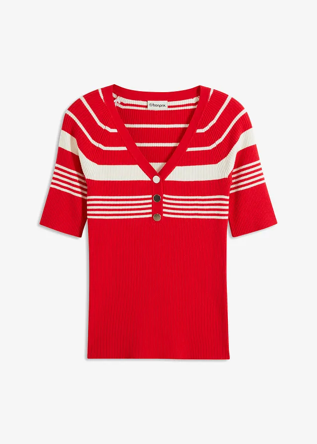 Fijn gebreide trui met sierknopen • aardbeirood-natuurbeige gestreept • bonprix online shop