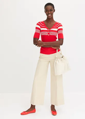 Fijn gebreide trui met sierknopen • aardbeirood-natuurbeige gestreept • bonprix online shop