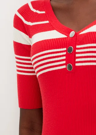 Fijn gebreide trui met sierknopen • aardbeirood-natuurbeige gestreept • bonprix online shop