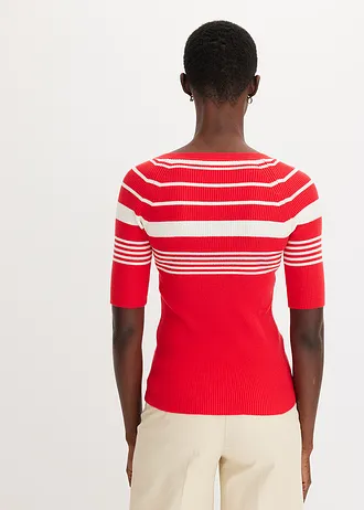 Fijn gebreide trui met sierknopen • aardbeirood-natuurbeige gestreept • bonprix online shop