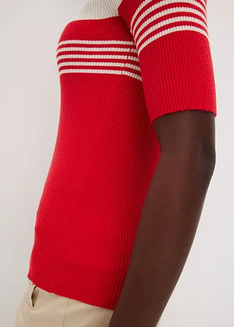 Fijn gebreide trui met sierknopen • aardbeirood-natuurbeige gestreept • bonprix online shop