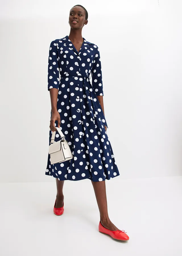 Robe-chemise avec lien à nouer (ens. 2 pces), Couleur: pois bleu foncé/blanc