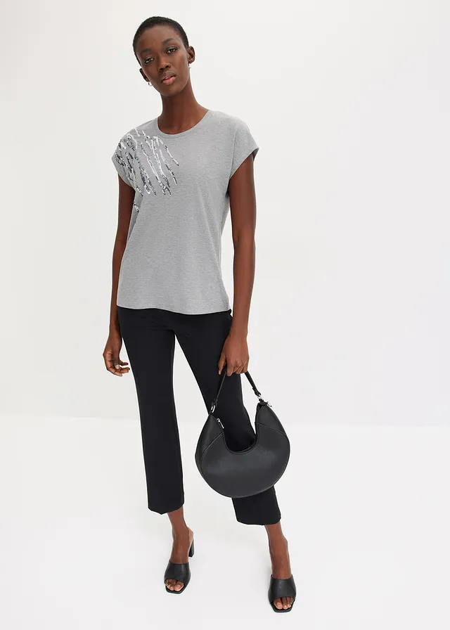 T-shirt à sequins, Couleur: gris chiné