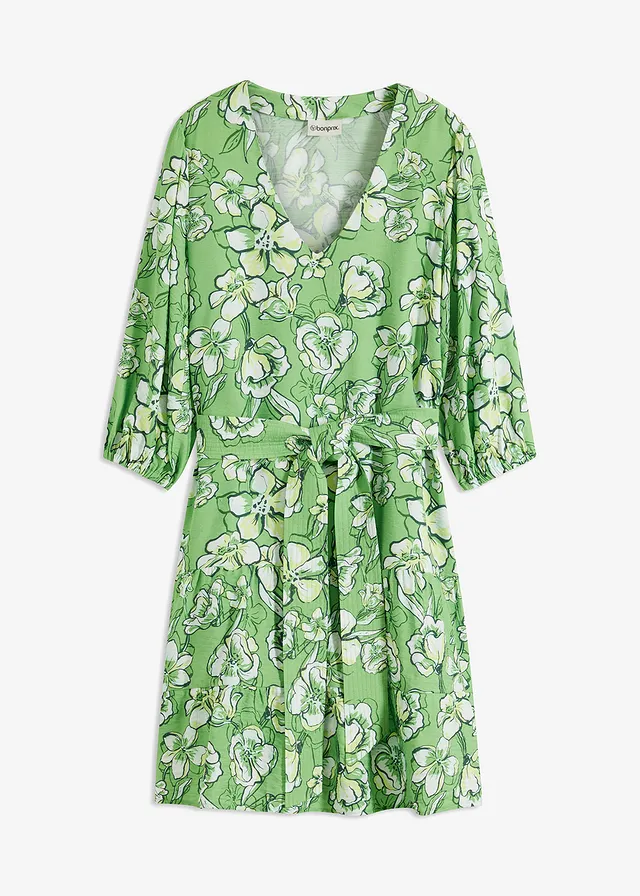 Robe courte en douce viscose mélangée, Couleur: vert trèfle floral