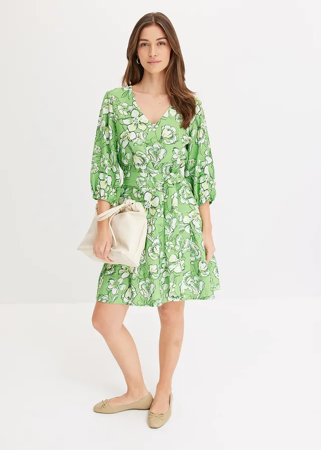 Robe courte en douce viscose mélangée, Couleur: vert trèfle floral