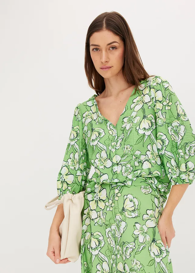 Bluză din amestec fin cu viscoză, culoare: verde-trifoi floral