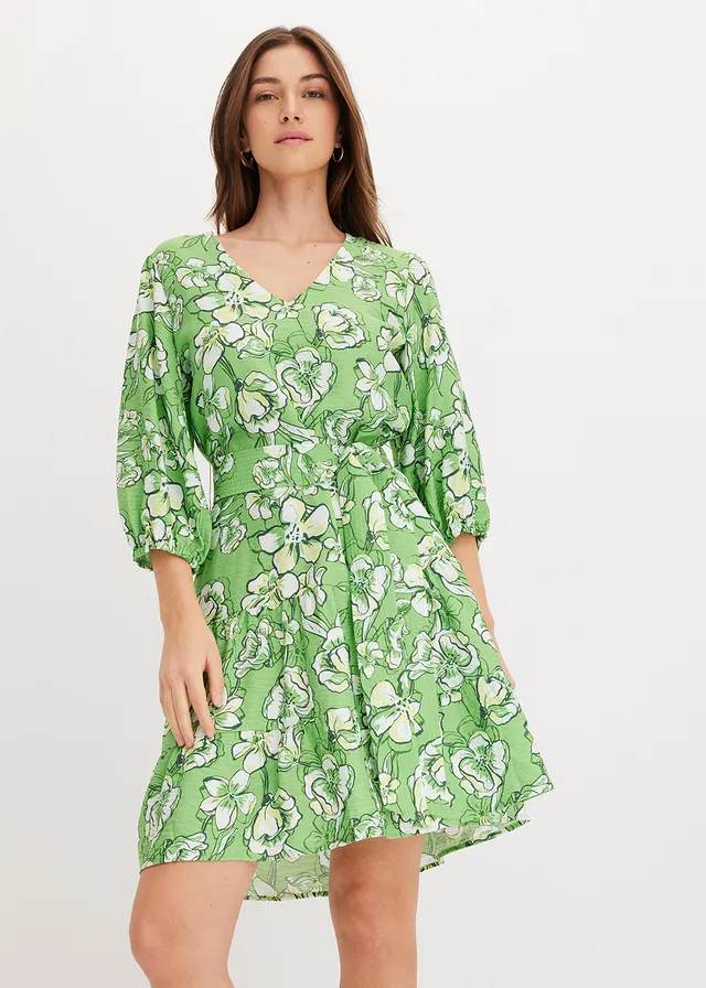 Robe courte en douce viscose mélangée, Couleur: vert trèfle floral