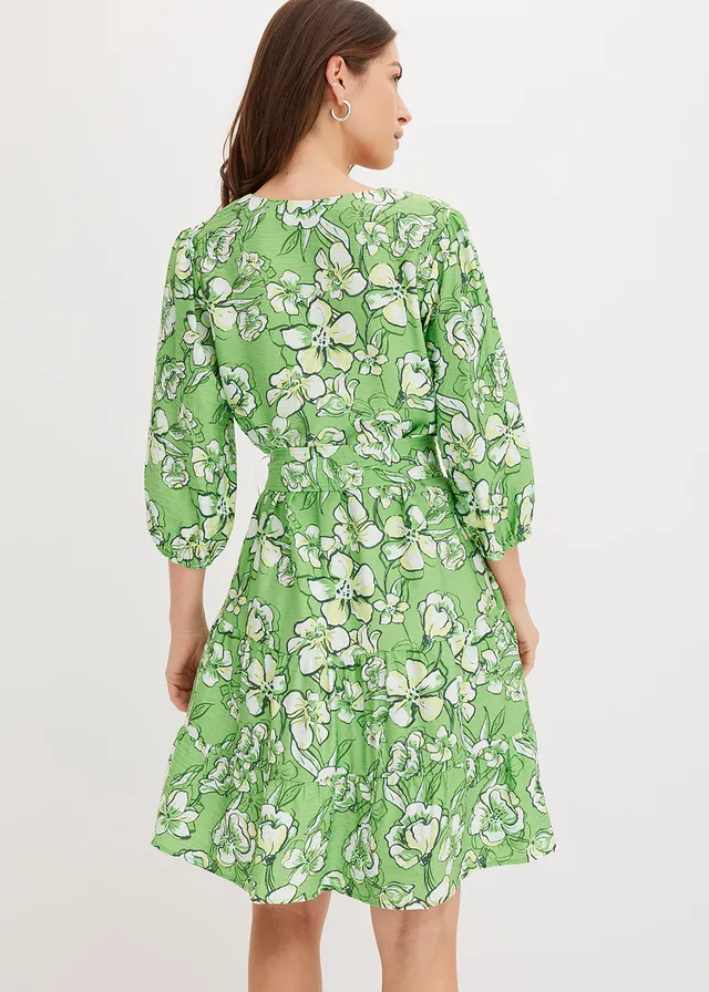 Rochie mini din amestec moale cu viscoză, culoare: verde-trifoi floral