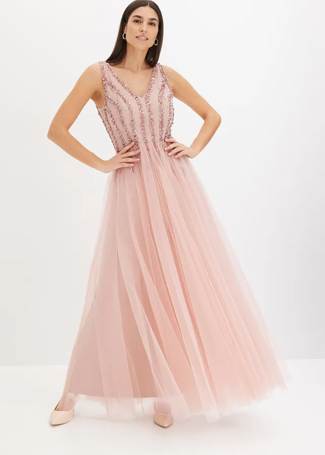 Maxi jurk van fijne tule met paillettenborduursel, Kleur: roze