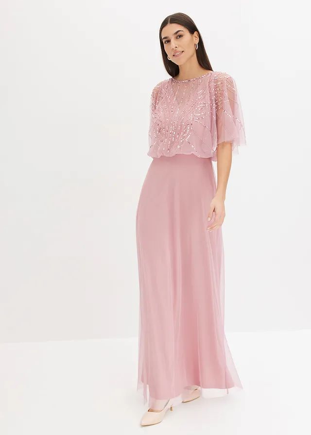 Robe longue en tulle fin avec sequins brodés, Couleur: rose