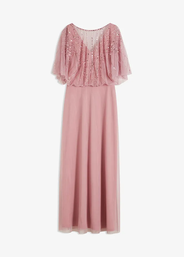 Robe longue en tulle fin avec sequins brodés, Couleur: rose