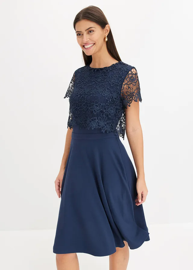 Midi jurk met kant, Kleur: donkerblauw