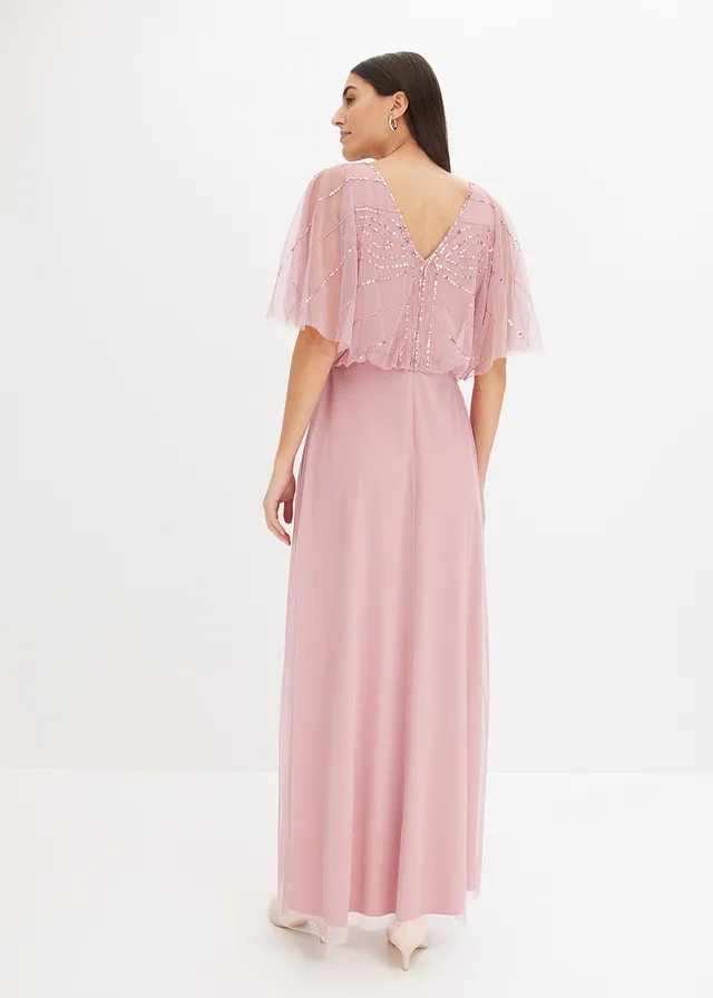 Robe longue en tulle fin avec sequins brodés, Couleur: rose