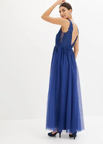 Długa sukienka z tiulu z koronką • kobaltowy • bonprix obchod