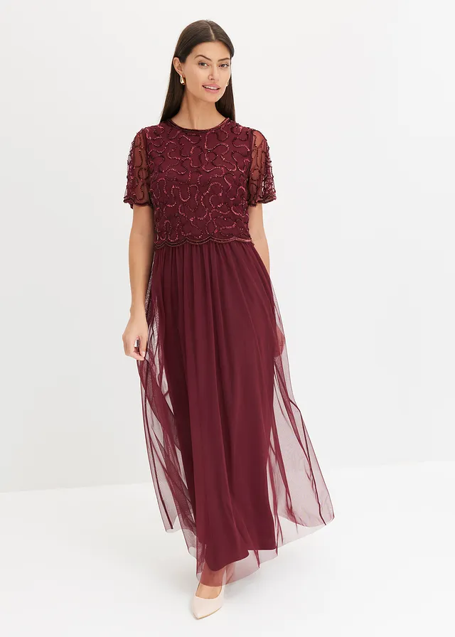 Robe longue en tulle fin avec sequins brodés, Couleur: rouge foncé