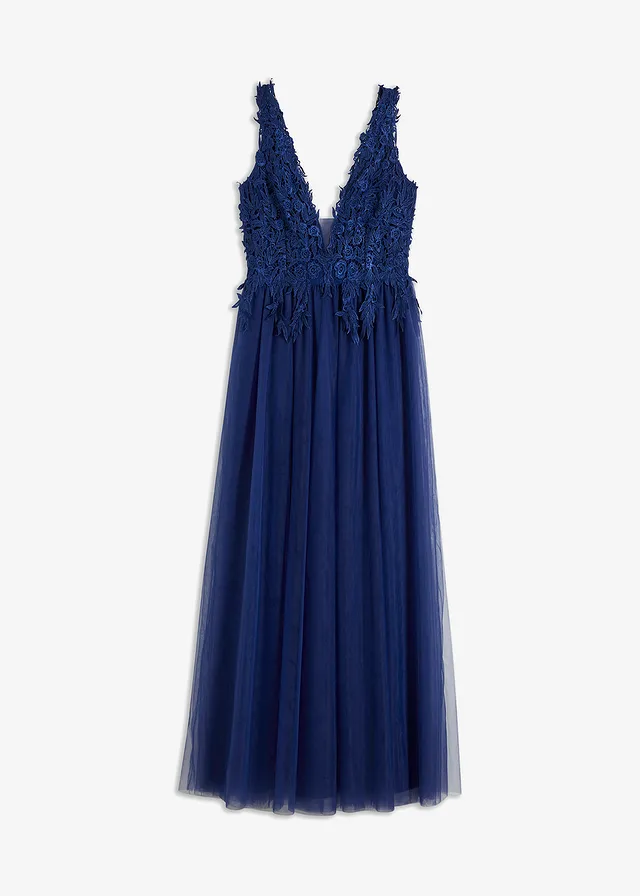 Długa sukienka z tiulu z koronką • kobaltowy • bonprix obchod