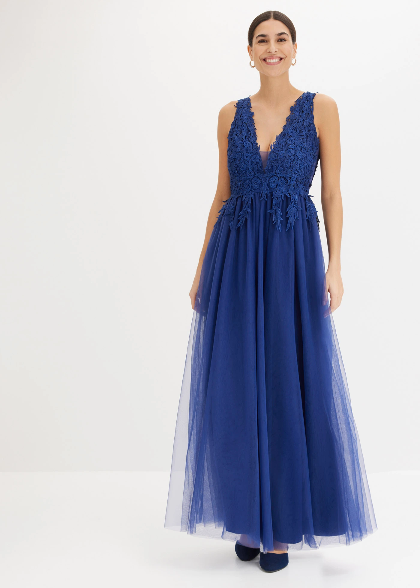 Długa sukienka z tiulu z koronką • kobaltowy • bonprix obchod