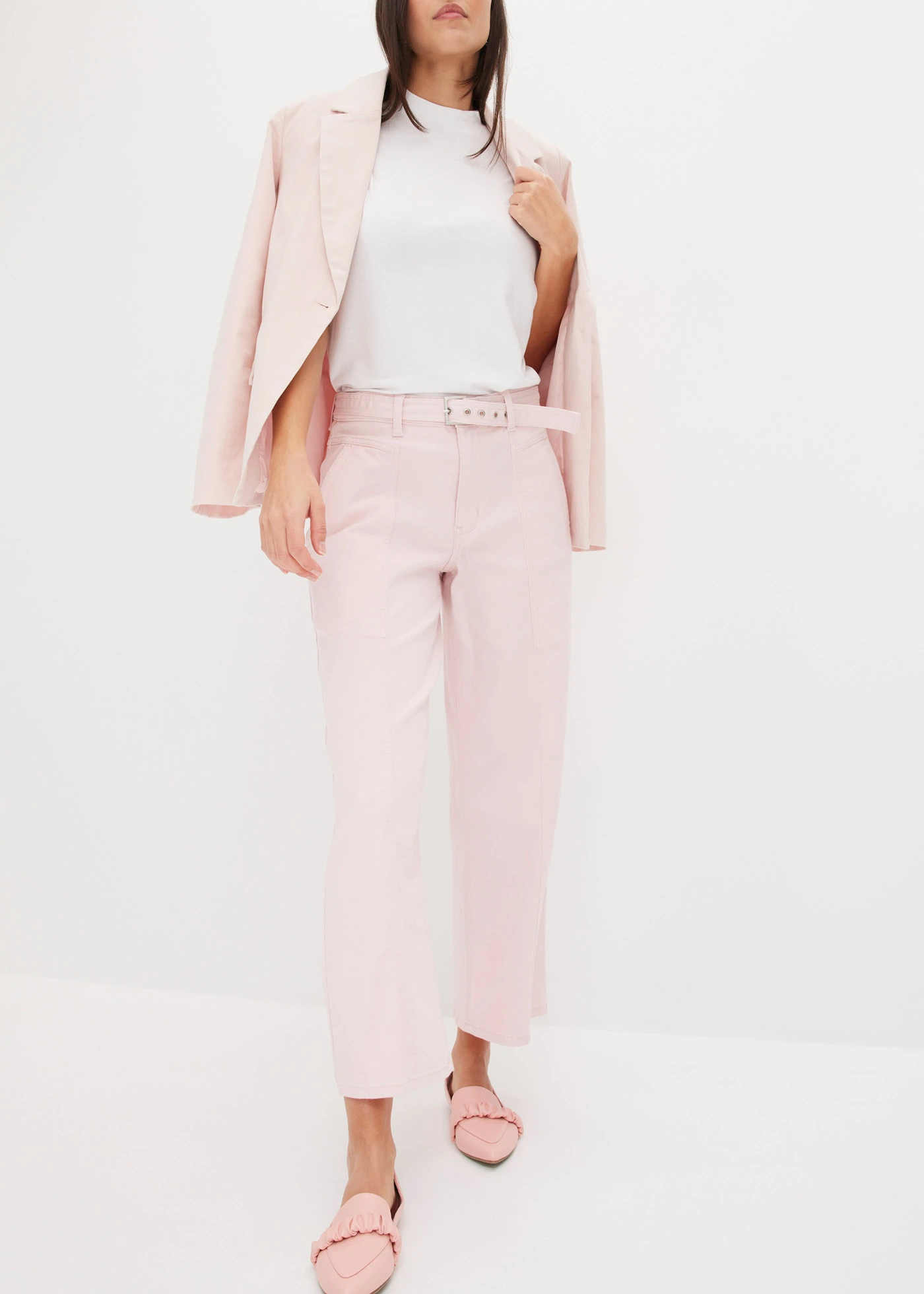 Stretch twill broek met riem • lichtroze used • bonprix online shop