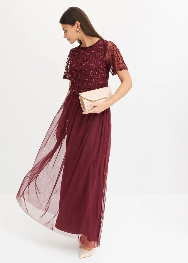 Robe longue en tulle fin avec sequins brodés • rouge foncé • product-page.page-title-suffix