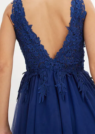 Długa sukienka z tiulu z koronką • kobaltowy • bonprix obchod