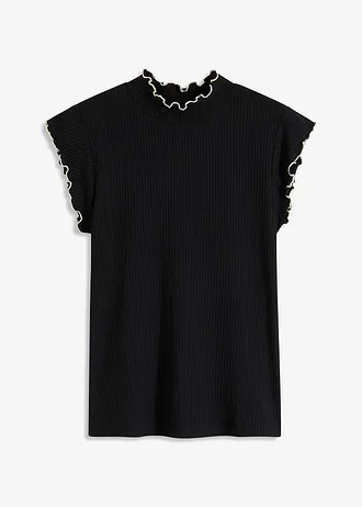 Geribd shirt in een viscosemix, Kleur: zwart/wolwit