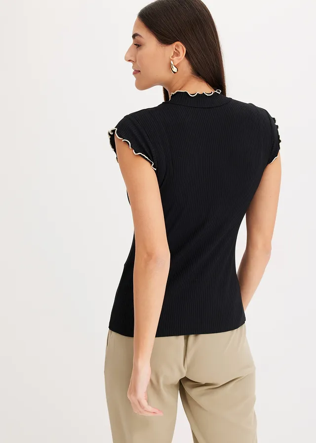 T-shirt côtelé en viscose extensible • noir-écru • product-page.page-title-suffix
