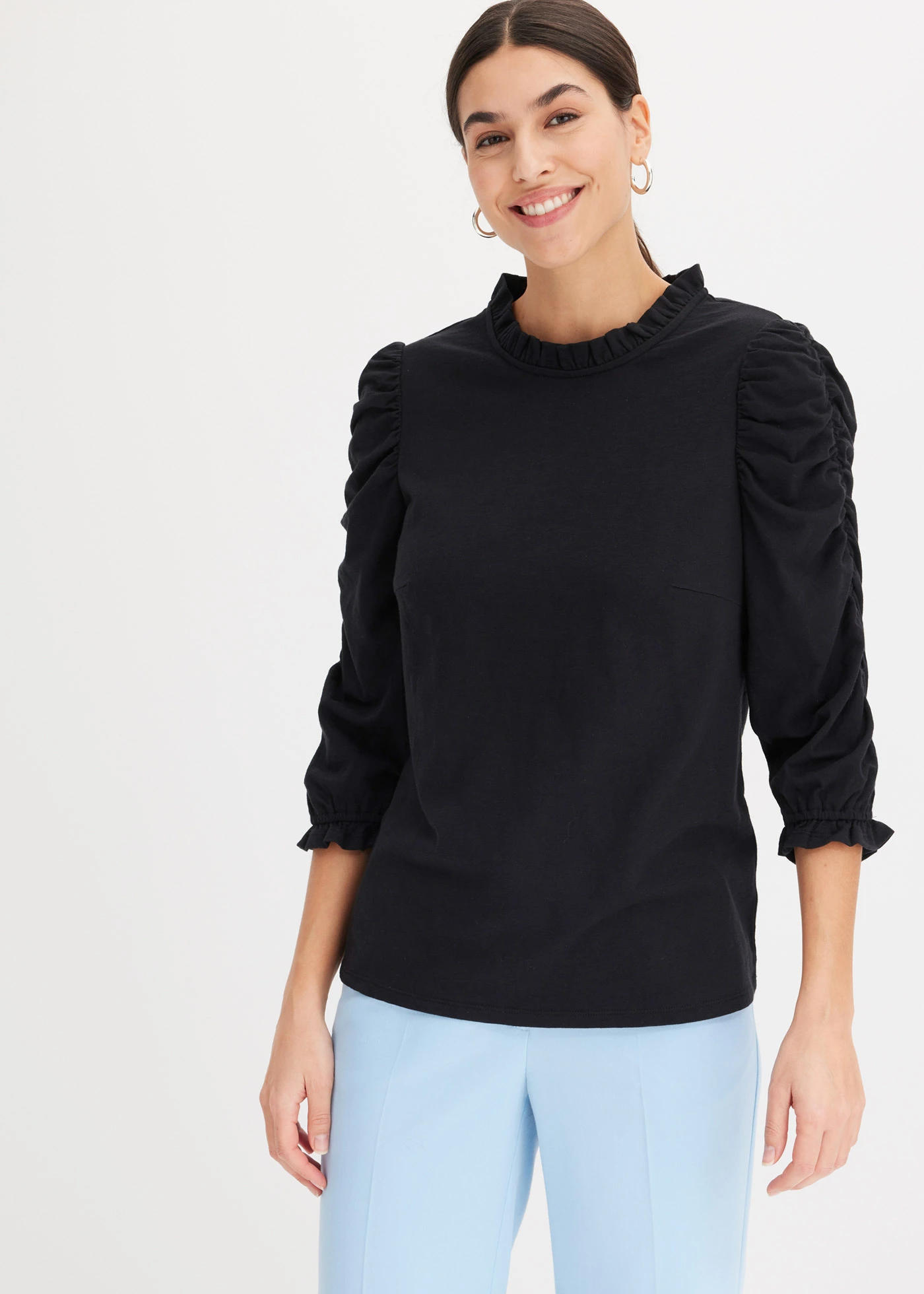 Triko s 3/4 rukávem a nařasením • černá • bonprix obchod