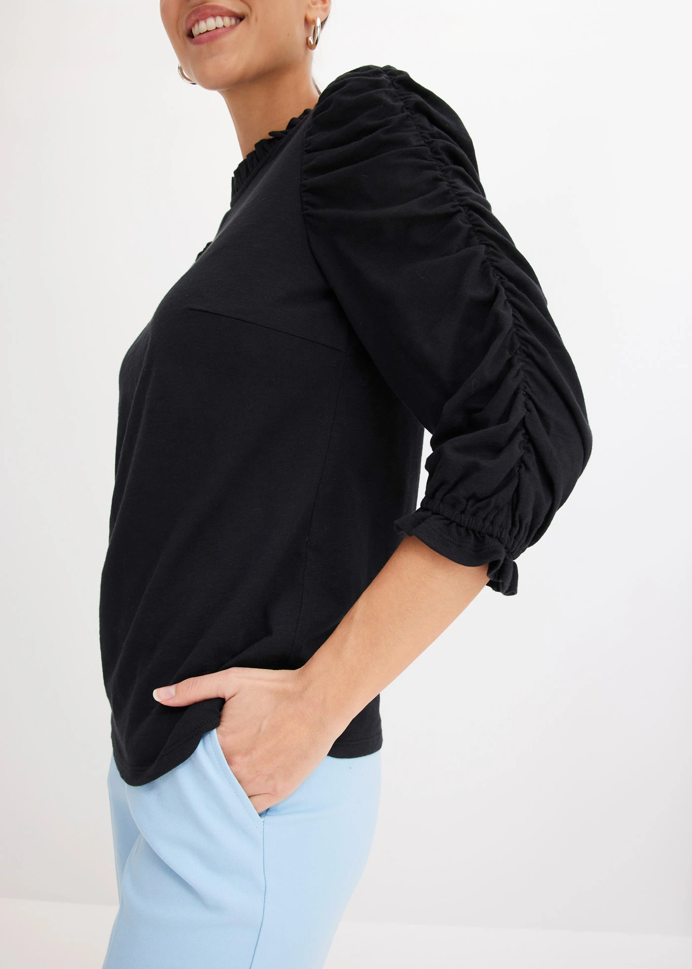 Triko s 3/4 rukávem a nařasením • černá • bonprix obchod