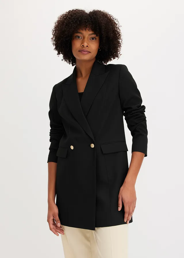 Long blazer à boutons décoratifs, Couleur: noir