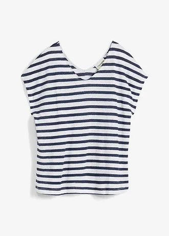 Linnen shirt met vleermuismouwen en V-hals, Kleur: donkerblauw/wit gestreept